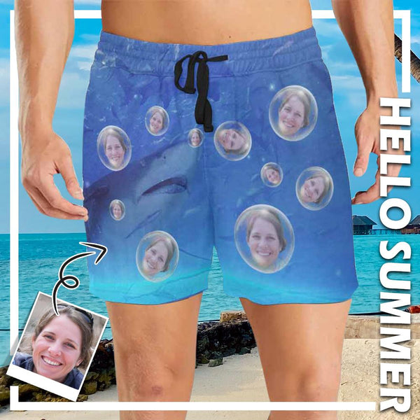 Custom Face Shark Bubbles Men's Quick Dry Swim Shorts, Personalized Funny Swim Trunks