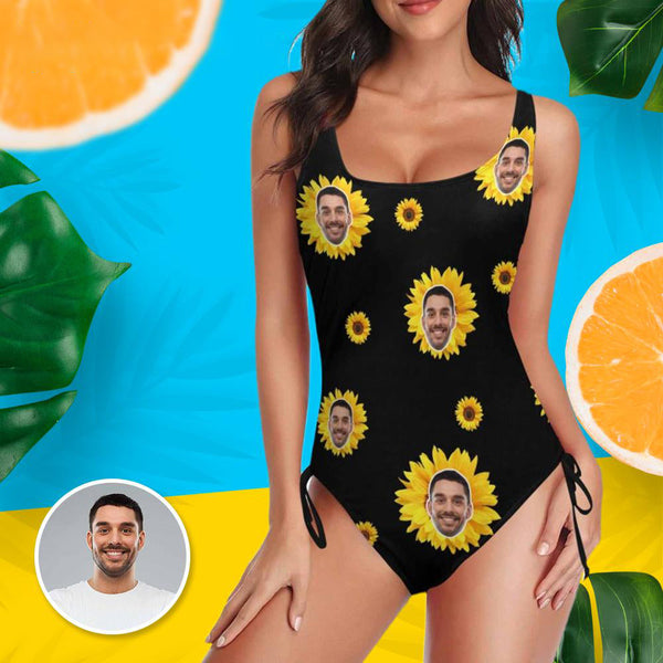 Custom Flower Face Swimsuits Personalized Women's New Drawstring Side One Piece Bathing Suit Honeymoons For Her