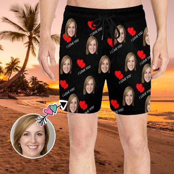 Custom Face Love You Red Heart Men's Quick Dry Swim Shorts, Personalized Funny Swim Trunks