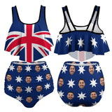 Custom Tankinis Face Australian Flag Bikini Personalized Women's High Waisted Swimsuit Ruffled Top Bathing Suits