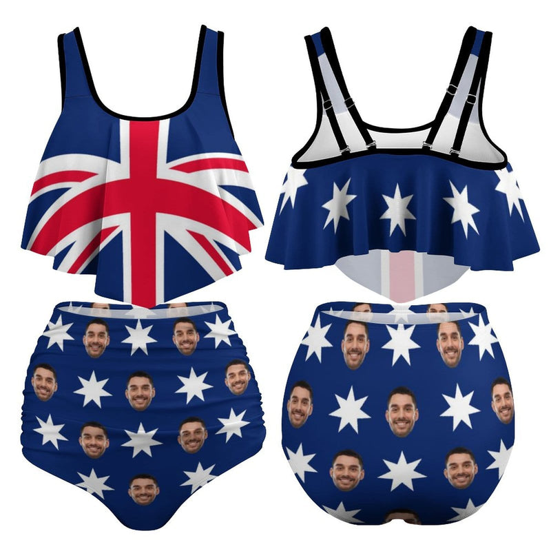 Custom Tankinis Face Australian Flag Bikini Personalized Women's High Waisted Swimsuit Ruffled Top Bathing Suits