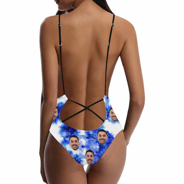 Custom Face White&Blue Swimsuit Personalized Women's Lacing Backless One-Piece Bathing Suit Party For Her