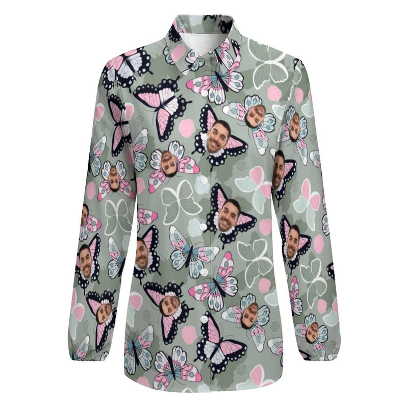 Custom Face Butterfly Vntage Casual Long Sleeve Hawaiian Shirts