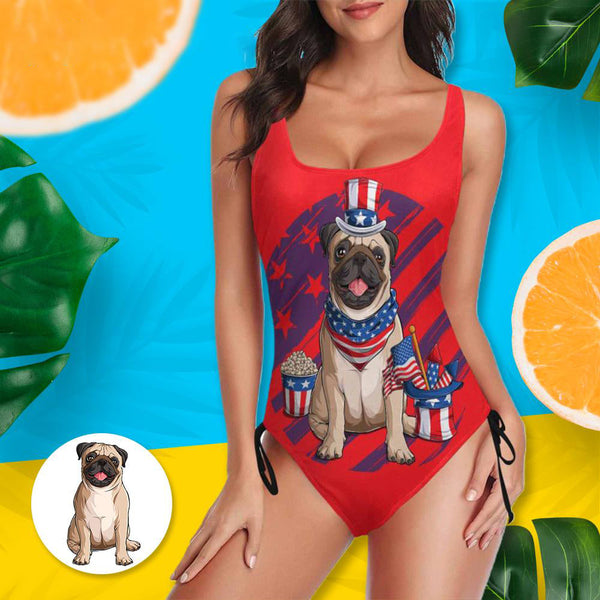 Custom Photo Swimsuit Pet Flag Hat Personalized Women's New Drawstring Side One Piece Bathing Suit Funny Gift Idea