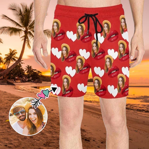 Custom Face Red Mouth Men's Quick Dry Swim Shorts, Personalized Funny Swim Trunks