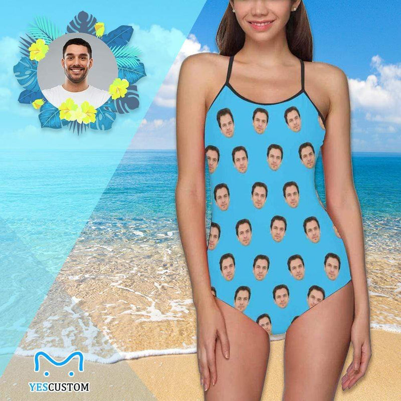 Custom Face Seamless Selfie Blue Women's Slip One Piece Swimsuit