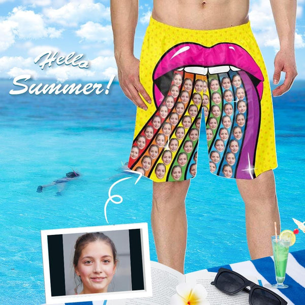 Custom Face Mouth Rainbow Personalized Photo Men's Elastic Beach Short