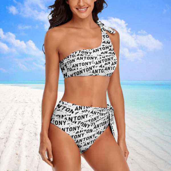 Custom Name Seamless Swimsuit Personalized One Shoulder Tie Crop Top&High-Waisted Bikini