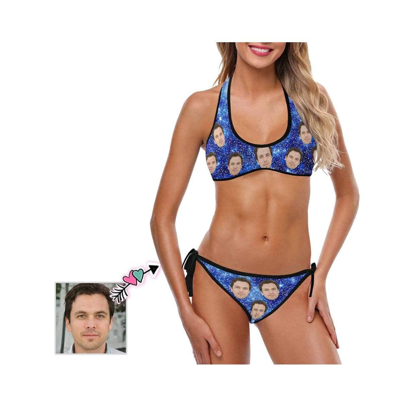 Custom Face Bikini Blue Galaxy Personalized Women's Strappy Halter Swimsuits