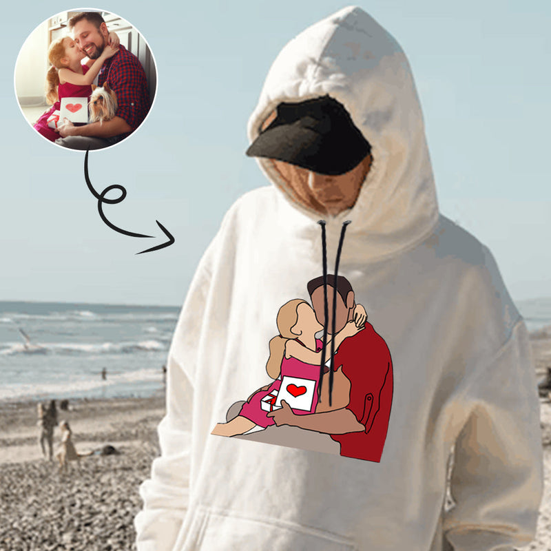 Custom Portrait Outline Shirt, Line Art Photo Shirt For Male, Custom Men's All Over Print Hoodie, Photo Outline Outfit For Father And Daughter White