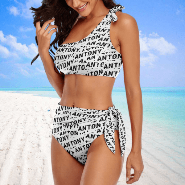 Custom Name Seamless Swimsuit Personalized One Shoulder Tie Crop Top&High-Waisted Bikini