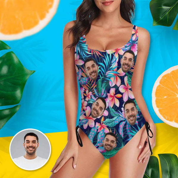 Custom Face Fresh Flowers Swimsuits Personalized Women's New Drawstring Side One Piece Bathing Suit Holiday Party