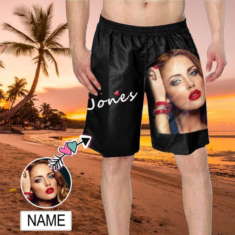 Custom Face&Name Black Personalized Photo Men's Elastic Beach Short