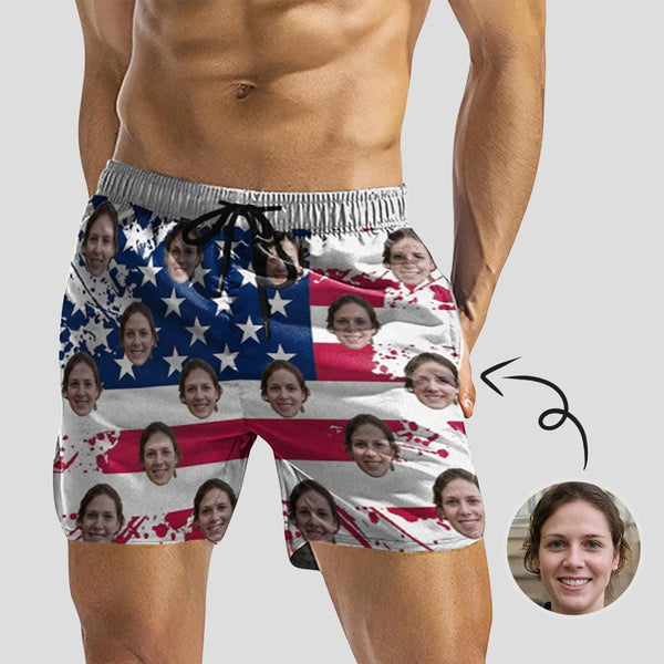 Custom Face Flag Men's Quick Dry Swim Shorts, Personalized Funny Swim Trunks