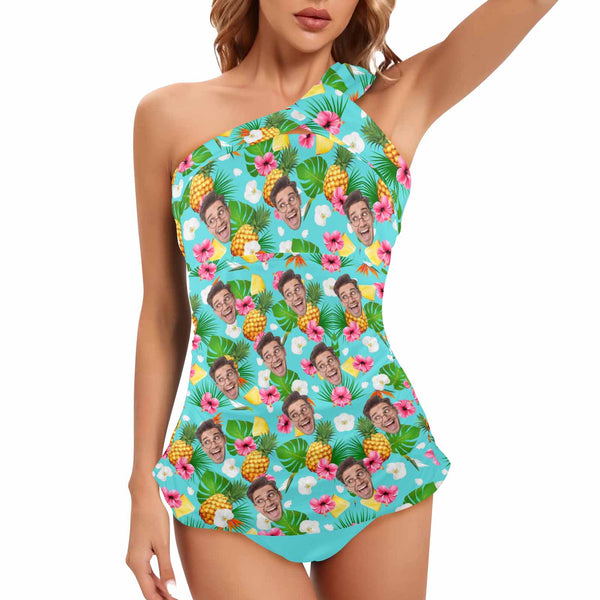 Custom Face Pineapple Green Tankini With Face Personalized Face Women's One Shoulder Two Piece Bathing Suit