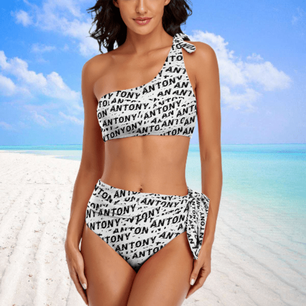 Custom Name Seamless Swimsuit Personalized One Shoulder Tie Crop Top&High-Waisted Bikini