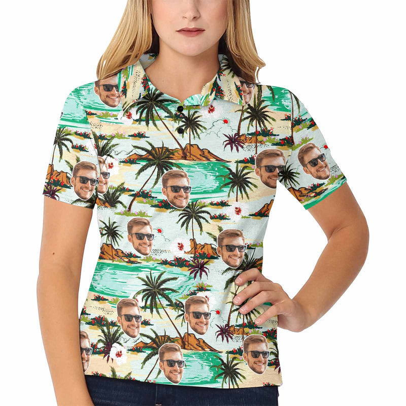 Custom Face Coconut Tree Hawaiian Polo Shirt For Women, Personalized Photo Shirt, Customized Women's All Over Print Polo Shirt