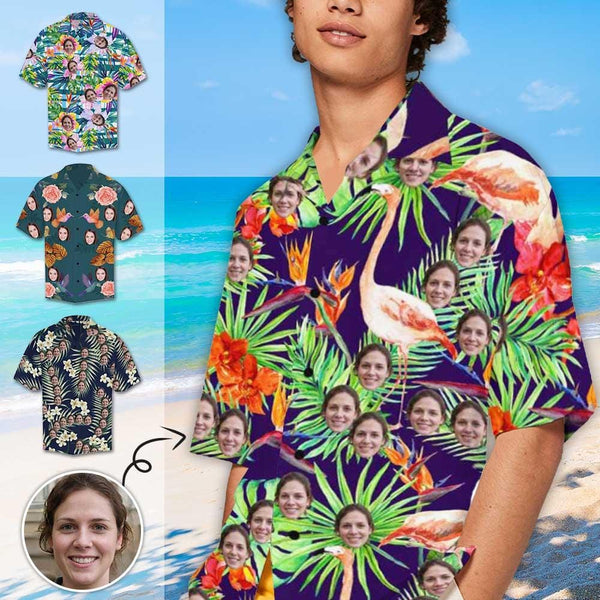 Custom Print Hawaiian Shirt with Face Flamingo Leaves Create Your Own Tropical Aloha Shirt Birthday Vacation Party Gift