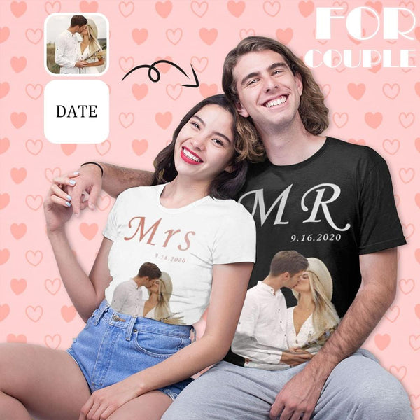 Custom Photo&Date Romantic MR Couple Anniversary Shirts with Personalized Pictures Matching Couple T Shirts