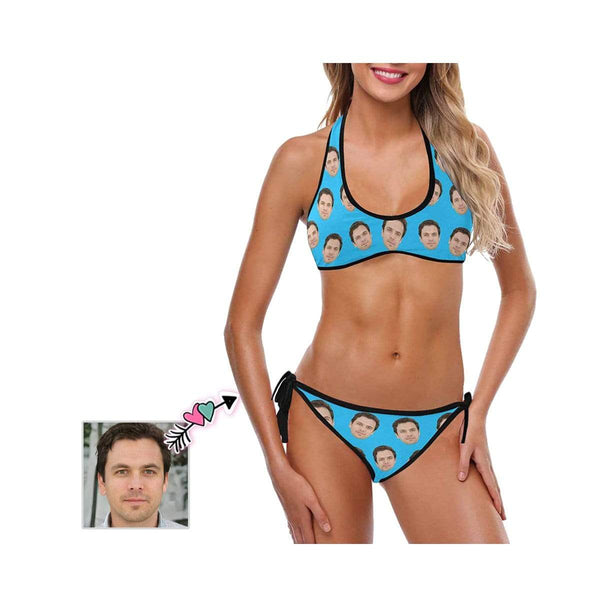 Custom Face Blue Bikini Personalized Women's Strappy Halter Swimsuits Birthday Pool Party