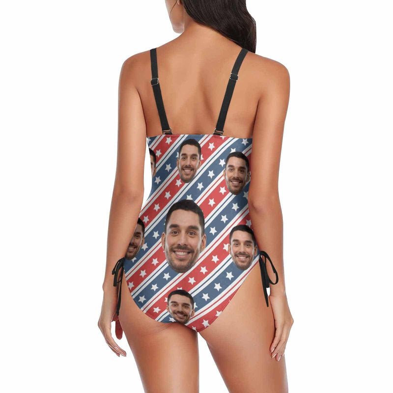 Custom Face Star Flag Swimsuit Personalized Women's New Drawstring Side One-Piece Bathing Suit Celebrate Holiday