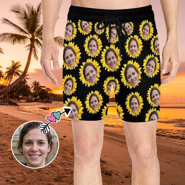 Custom Face Sunflower Men's Quick Dry Swim Shorts, Personalized Funny Swim Trunks