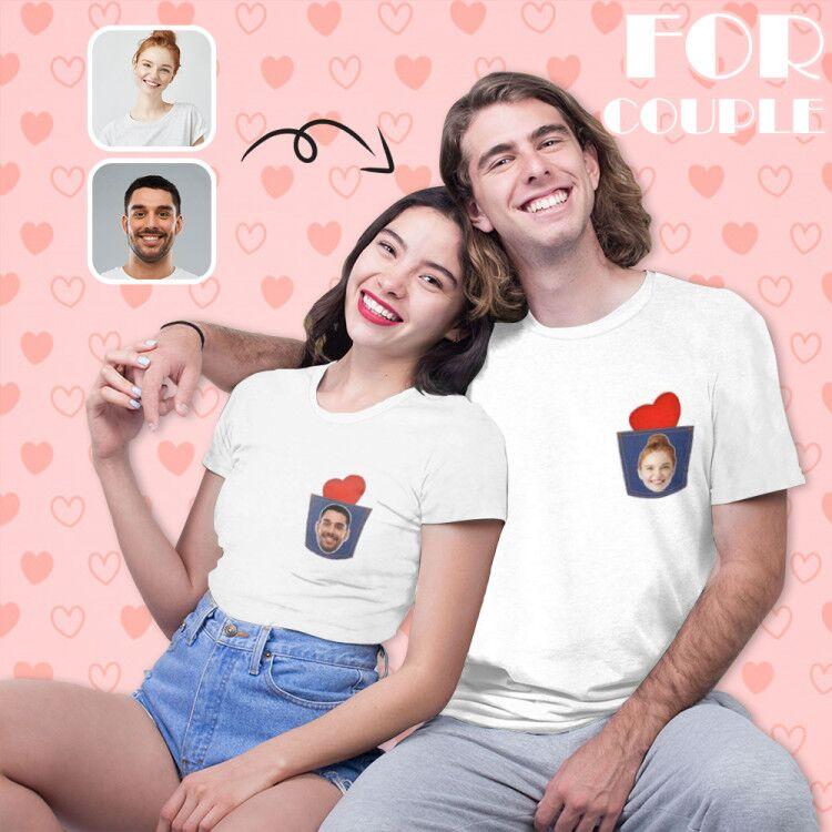 Custom T-shirt with Girlfriend Face Red Love Denim Pocket Matching Couple T Shirts Made for You Personalized Shirt