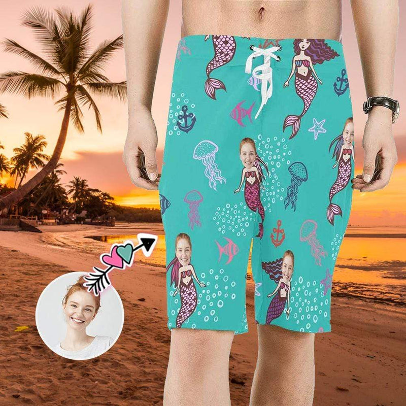 Custom Face Mermaid Personalized Photo Men's Beach Short-Drawstring Short