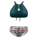 #Plus Size Swimwear-Custom Face Green Personalized Sexy Plus Size Bikini Two-piece Swimsuit Honeymoons Gift For Her