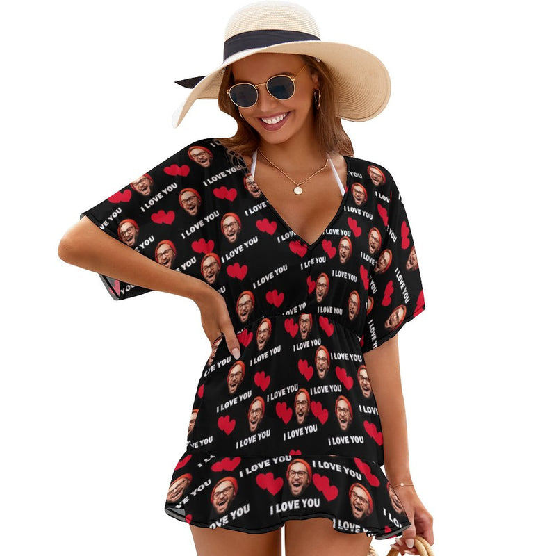 Custom Face Red Heart One Piece Cover Up Dress Personalized Women's Short Sleeve Beachwear Cover up