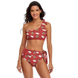 Custom Face Double White Love Red Background One Shoulder Tie Crop Top & High-Waisted Bikini