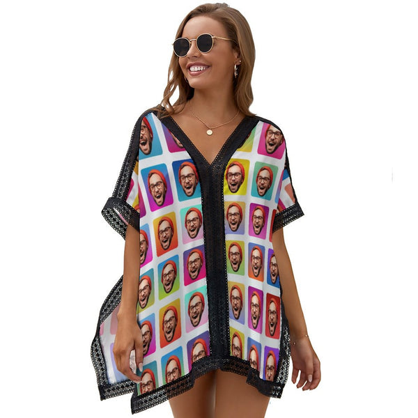 Custom Face Colorful Grid Women's Bikini Swimsuit Cover Up Personalized Photo Beachwear Cover Up