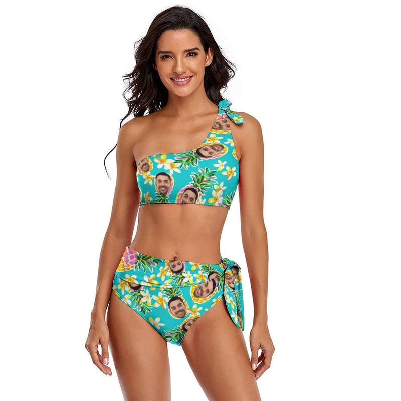 Custom Face Green Pineapple Hawaii Personalized One Shoulder Tie Crop Top & High-Waisted Bikini Swimsuit