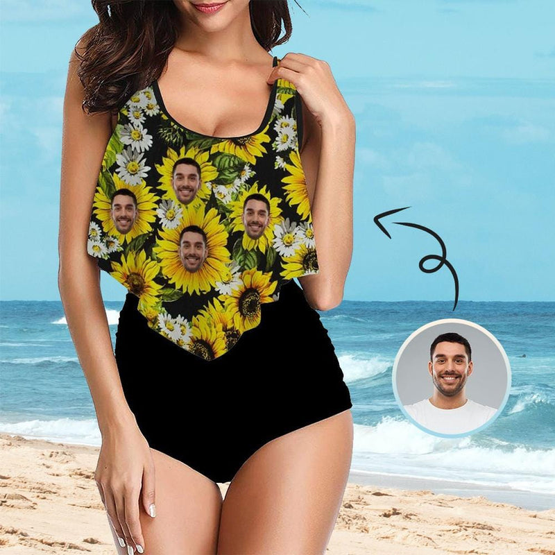 Custom Tankinis Face Sunflower Black Bikini Personalized Women's High Waisted Swimsuit Ruffled Top Bathing Suits