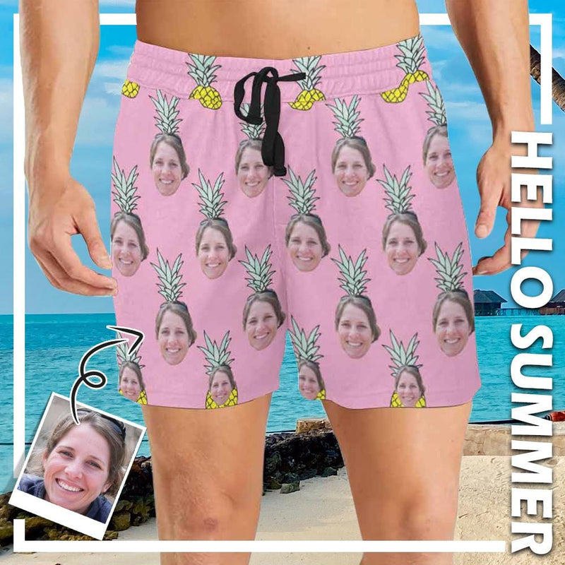 Custom Face Pink Pineapple Men's Quick Dry Swim Shorts, Personalized Funny Swim Trunks