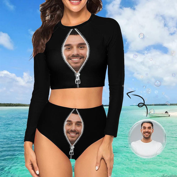 Custom Face Zipper Black Bikini Swimsuit