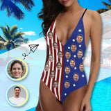 Custom Face Flag Lover Swimsuits Personalized Women's Lacing Backless One-Piece Bathing Suit Celebrate Holiday