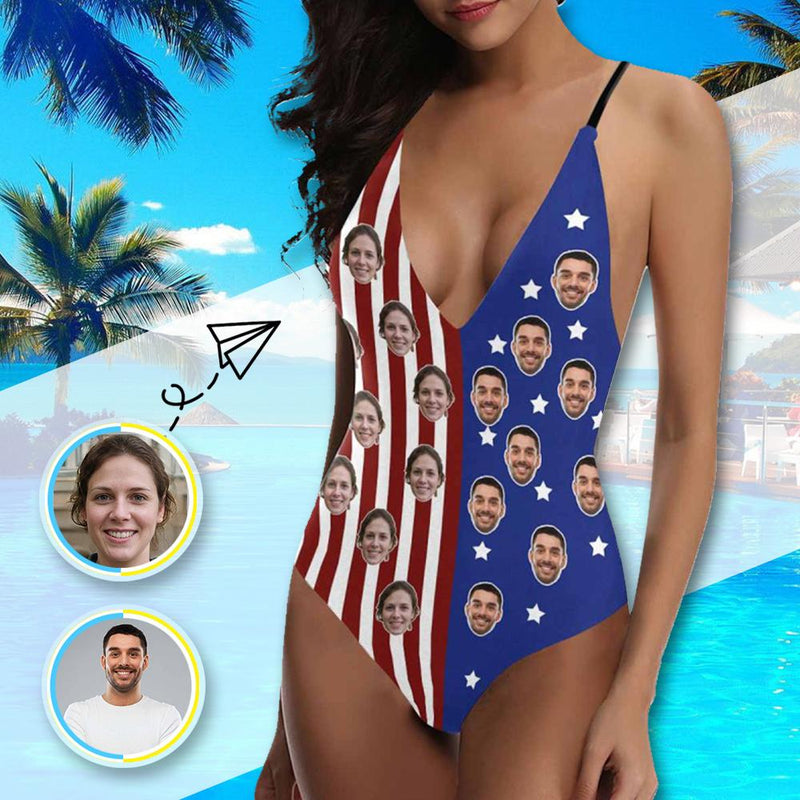 Custom Face Flag Lover Swimsuits Personalized Women's Lacing Backless One-Piece Bathing Suit Celebrate Holiday