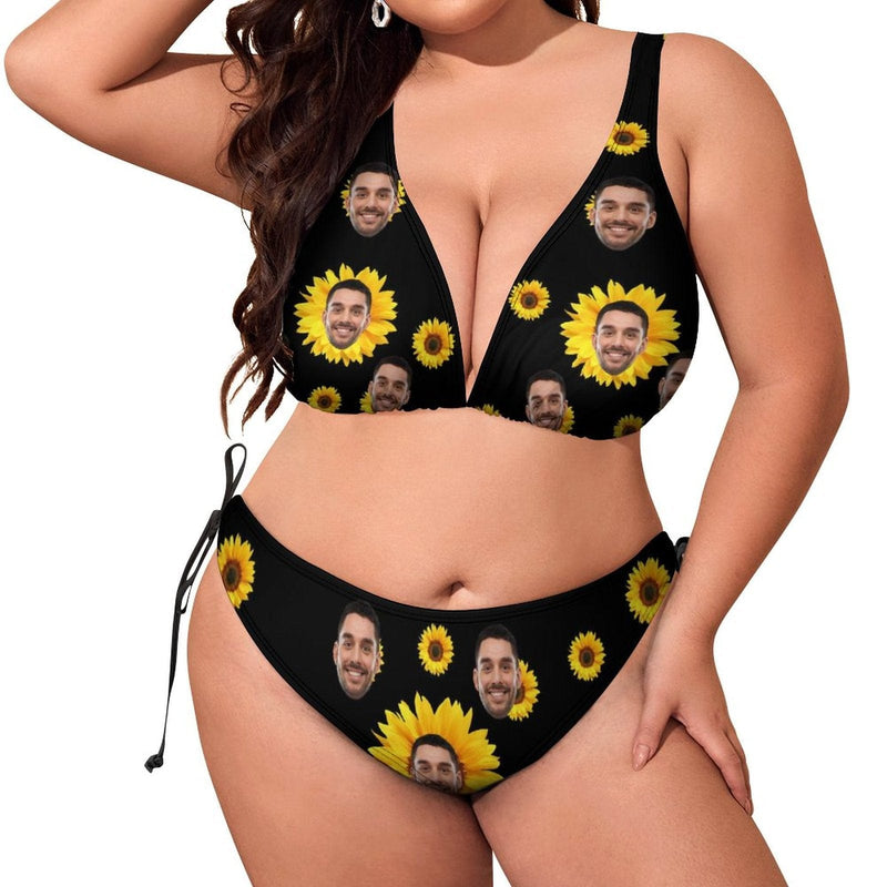 #Plus Size Swimwear-Custom Face Sun Flower Sexy Plus Size Bikini Two-Piece Swimsuit