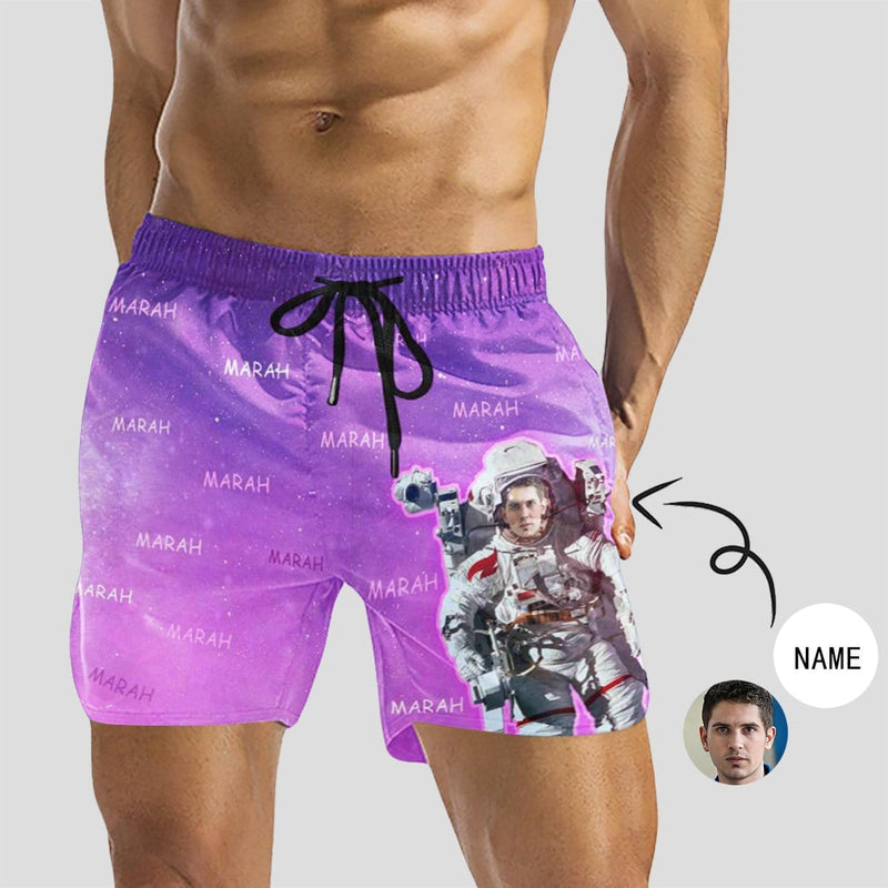 Custom Face&Name Astronaut Hero Purple Sky Men's Quick Dry Swim Shorts, Personalized Funny Swim Trunks