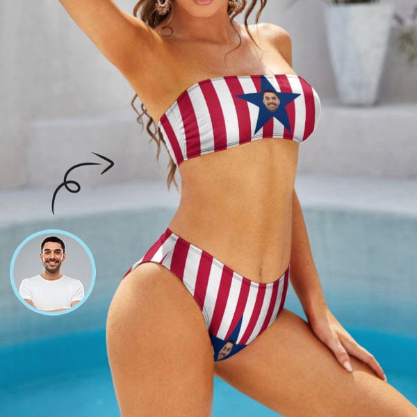 Custom Face American Flag Star Swimsuit Strapless Bandeau Bikini Set Bathing Suits