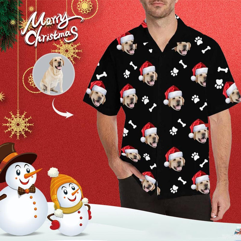 Hawaiian Shirts with Pet Faces on Them Dog Bone Christmas Hat Custom Image Hawaiian Shirt Birthday Gift