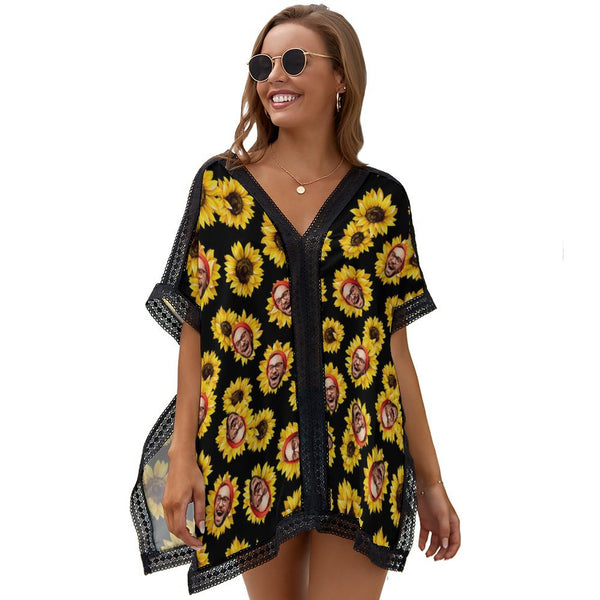 Custom Multi-Face And Sunflower Women's Bikini Swimsuit Cover Up Personalized Photo Beachwear Cover Up