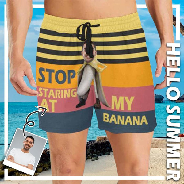 Custom Face Yellow Background Sexy Men's Quick Dry Swim Shorts, Personalized Funny Swim Trunks