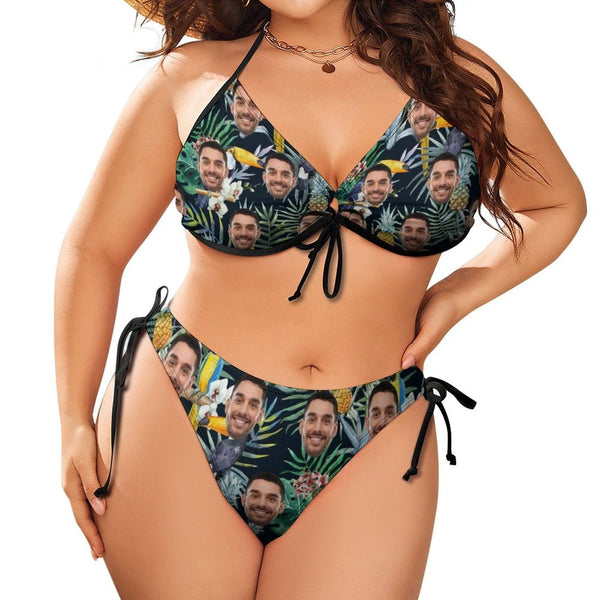 #Plus Size Swimwear-Custom Husband/Boyfriend Face Hawaiian Style Sexy Plus Size Bikini Two-piece Swimsuit