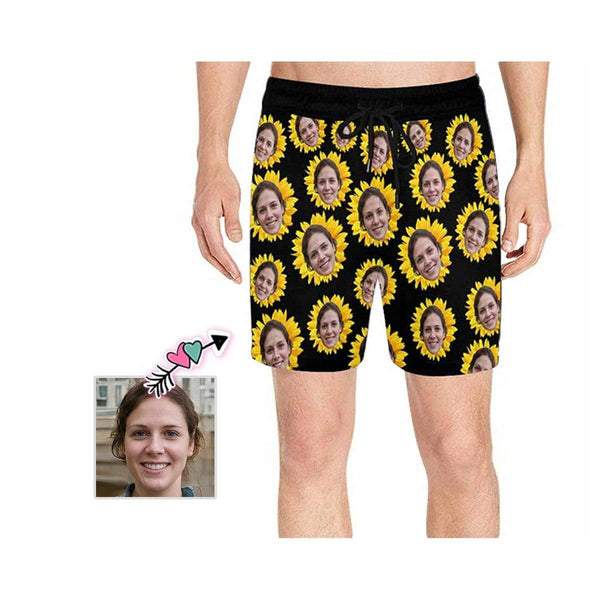 Custom Face Sunflower Men's Quick Dry Swim Shorts, Personalized Funny Swim Trunks