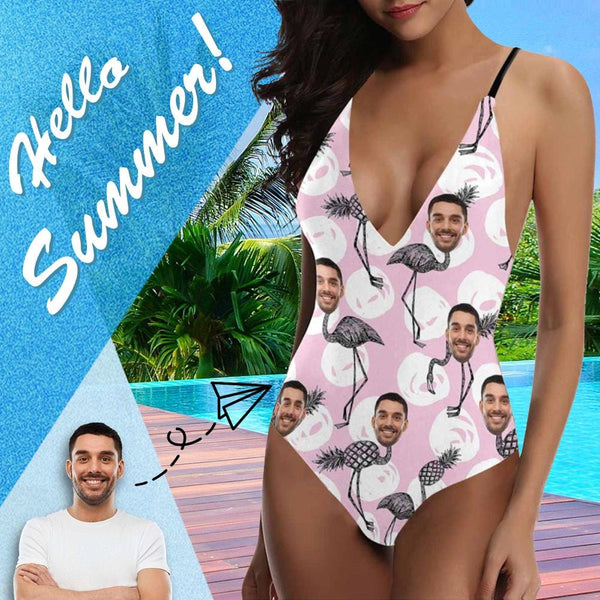 Custom Face Funny Flamingo Swimsuit Personalized Women's Lacing Backless One Piece Bathing Suit Honeymoons For Her