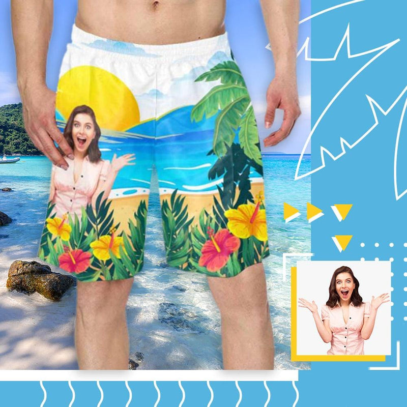 Custom Face Sunset Lover Personalized Photo Men's Elastic Beach Short