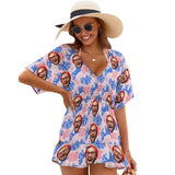 Custom Face Blue And Pink One Piece Cover Up Dress Personalized Women's Short Sleeve Beachwear Cover up