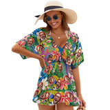 Custom Face Colorful Flower One Piece Cover Up Dress Personalized Women's Short Sleeve Beachwear Cover up